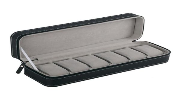 

watch boxes cases 6 slot black gray pu leather pratical storage display holder box case with zipper casket packaging for men val7599114, Black;blue