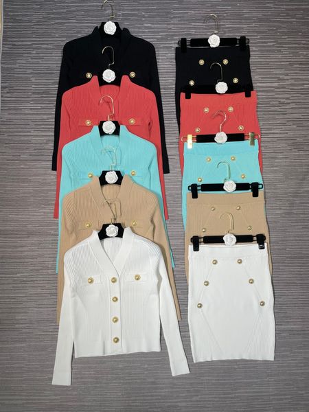 

2023 women autumn winter outfits casual gold button v-neck long sleeve sweater and high waist knit skirts suits fashion womens two piece set, White