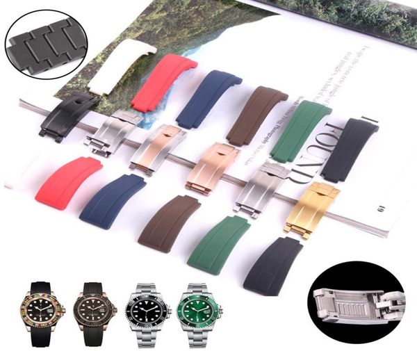 

waterproof rubber watchband stainless steel fold buckle watch band strap for gmt oysterflex bracelet watch man 20mm black blue red7196676, Black;brown