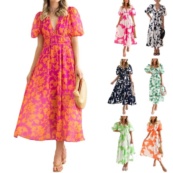 

womens floral wrap v-neck midi dress short sleeve summer long dress high waist smocked dress womens beachwear, Black;gray
