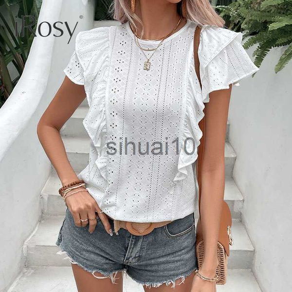 

women's blouses shirts women summer ruffle hollow out blouse female casual short flying sleeve o neck white ladies chic elegant office