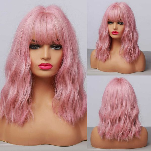 

synthetic wigs easihair wavy pink bob wigs with bangs women synthetic natural hair wig medium length cute cosplay heat resistant 230227, Black