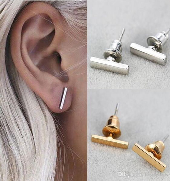 

gold plated silver black punk simple t bar stud earrings for women ear line fine jewelry minimalist4189640, Golden;silver