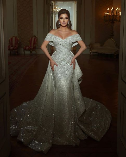 

sparkly mermaid wedding dresses sleeveless v neck off shoulder beaded sequins appliques plus size detachable train bridal gowns formal gown, White