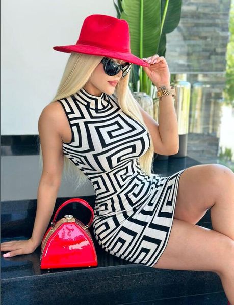 

summer new women's sleeveless dress geometric pattern slim fit wrap hip casual dresses fashion stand collar skirt, Black;gray
