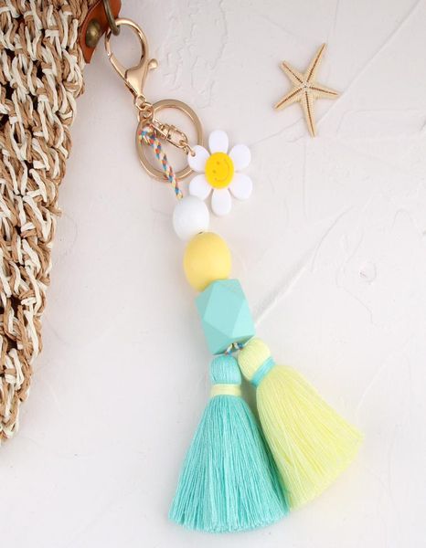 

custom key rings colorful wood beads tassel keychain smile face flower key ring for women handmade friendship summer jewerly gifts1148924, Slivery;golden