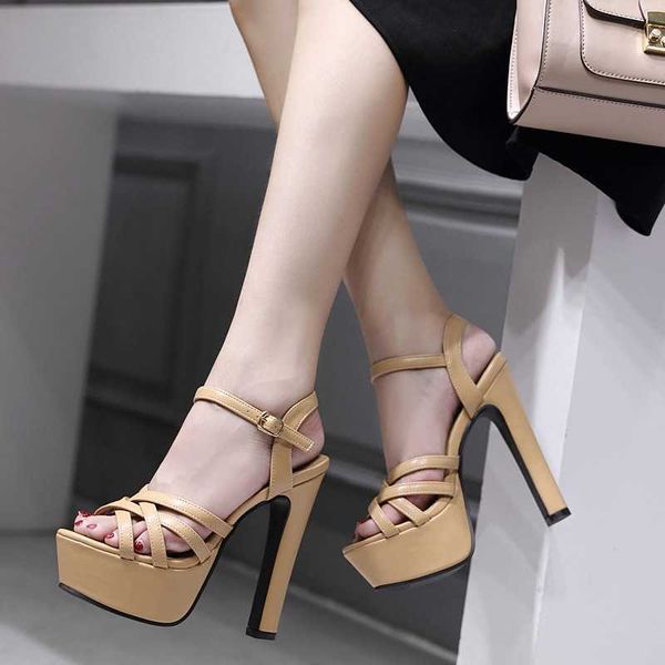 

ladies summer sandals women's thick heel cross strap long term waterproof platform open toe high heels 230615, Black