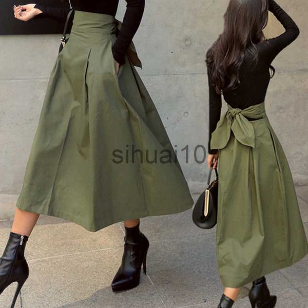 

skirts skirts womens korean fashion solid color big swing ladies skirt long skirt 2022 autumn wild high waist bow slim skirts j230621, Black
