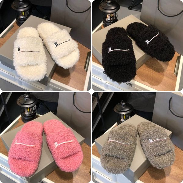 

luxury designers women ladies wool slippers slides winter fur fluffy furry warm letters sandals comfortable fuzzy girl flip flops slipper sl, Black