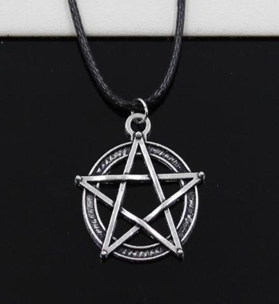

new 20pcslot tibetan silver star pentagram necklace choker charm black leather cord necklace diy1749241