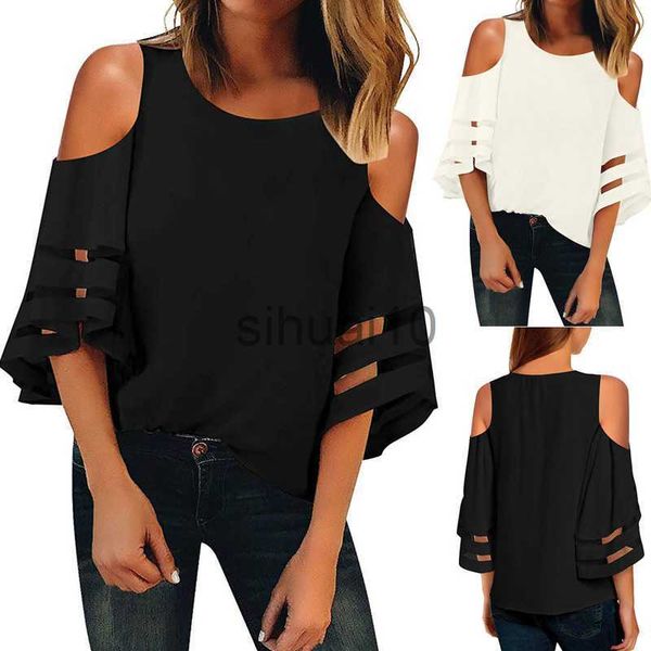 

women's blouses shirts women cold shoulder mesh panel 3/4 bell sleeve loose blouse shirt for summer aic88 j230621, White