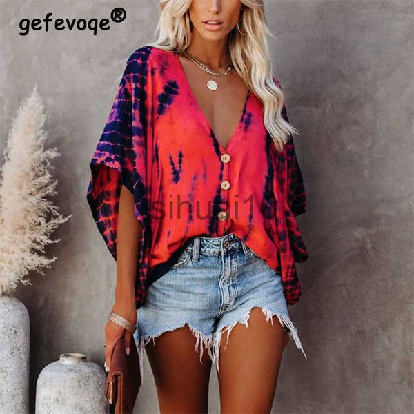 

women's blouses shirts summer fashion oversized deep v-neck women's shirt tie dye vintage print button batwing sleeve female casua, White