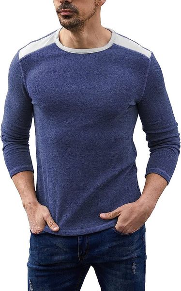 

men's long sleeve waffle shirts crew neck casual lightweight pullover color block tee, White;black