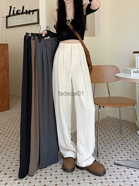

jielur fashion ol suit women's pants straight casual loose korean wide leg pants female new autumn black apricot trousers s4xl l230621, Black;white