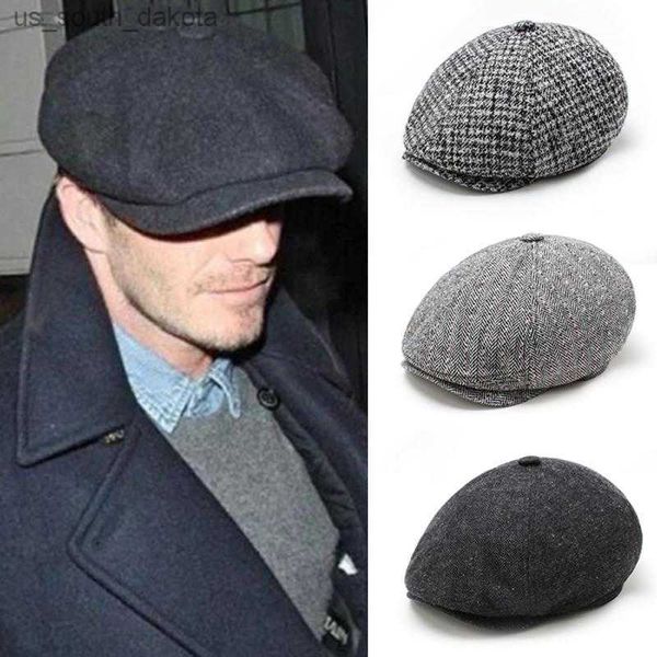 

british peaked hat octagonal hat newsboy baker boy tweed fashion warm elastic flat cap trendy men's woolen beret retro painter l230523, Blue;gray