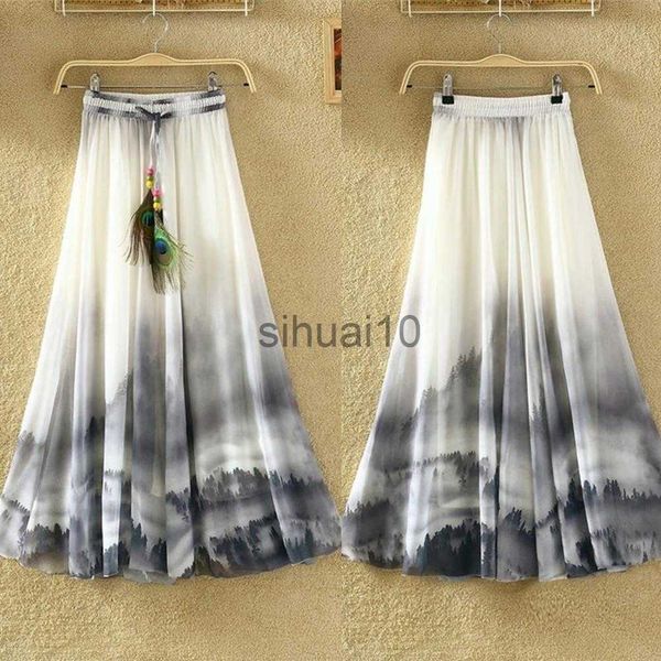 

skirts new arrival summer beach bohemian women chiffon flower print drawstring maxi long skirt j230621, Black