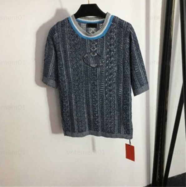 

summer tee shirt womens knits tees chest logo hollow embroidery chest short-sleeved wool blend knitted shirt designer women clothes 0607, White