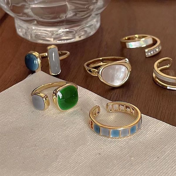 

design personalized adjustable opening ring emerald, moonstone, pearl shell finger ring, Golden;silver