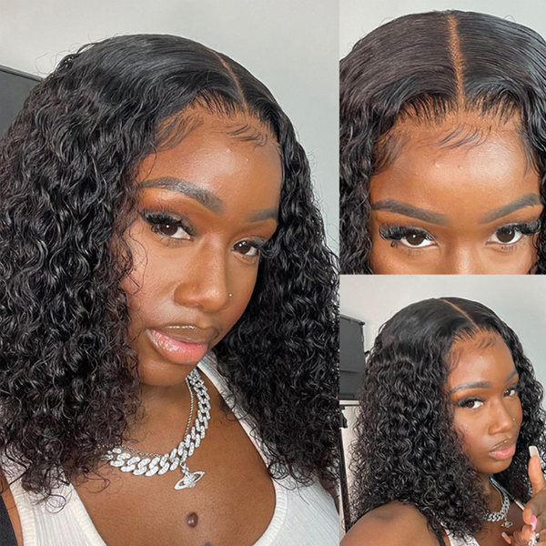 

short bob lace frontal wig human hair deep wave 180 density wigs short lace frontal wigs, Black;brown