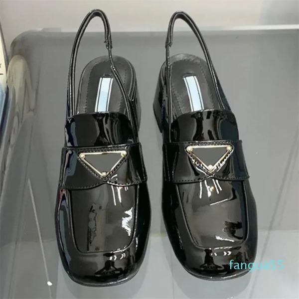 

womens designer dress shoes single shoes loafers shoes back empty thick heel open heel upper signature lacquer leather dress shoes, Black