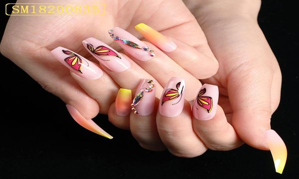 

24pcs fashion colorful false nails long detachable french fake nail ballet coffin nail tips rhinestones press on nail art tool2839601, Red;gold