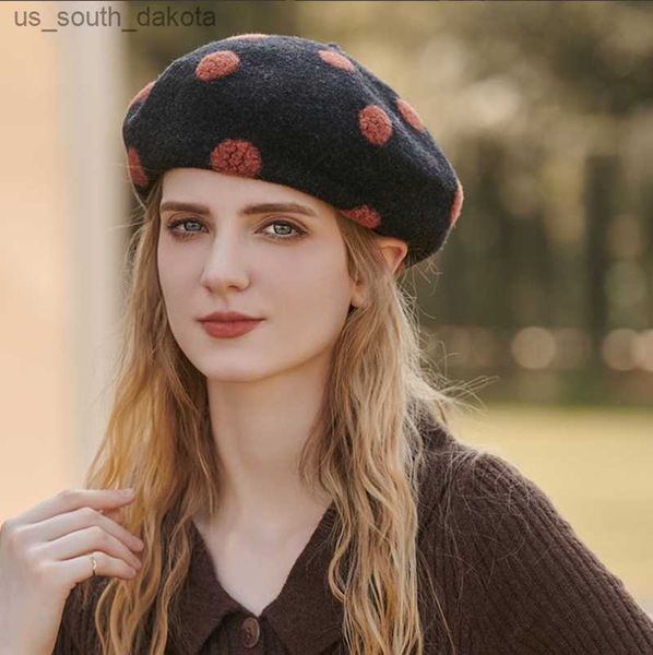 

new wool beret women's retro warm thickening painter hat ladies fashion pumpkin cap wild autumn winter women cute berets dot the l23052, Blue;gray