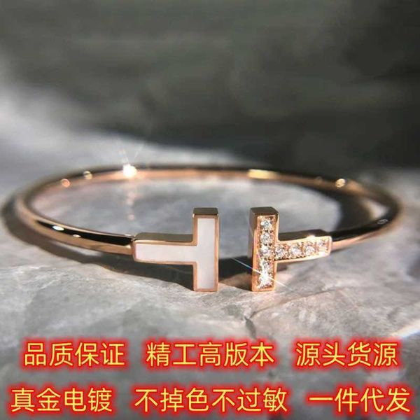

high-quality high version s925 silver tiffay classic double t diamond white fritillaria 18k rose gold open bracelet for women, Black