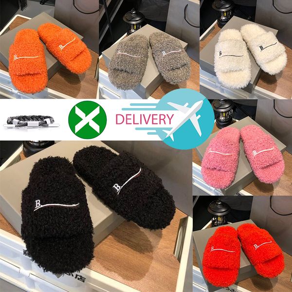

2023 luxury slides paris designer men women slippers ladies wool winter fur fluffy furry warm letters sandals comfortable fuzzy girl flip fl, Black