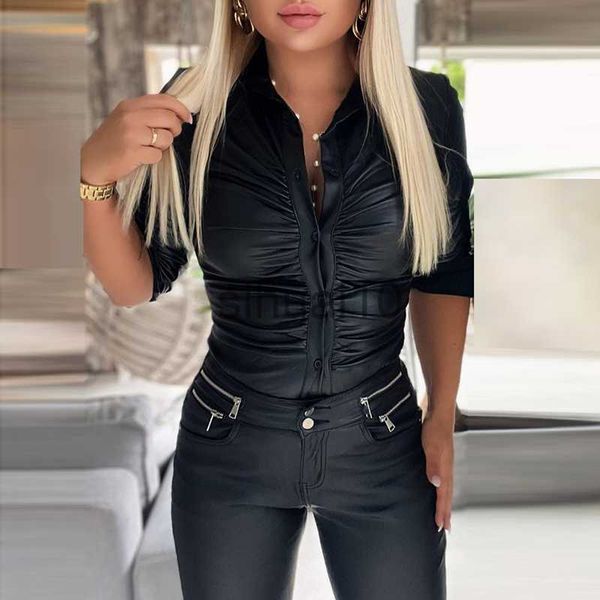 

women's blouses shirts women solid pu leather blouses spring autumn turn-down collar button down shirts ladies casual ruched long sleev, White