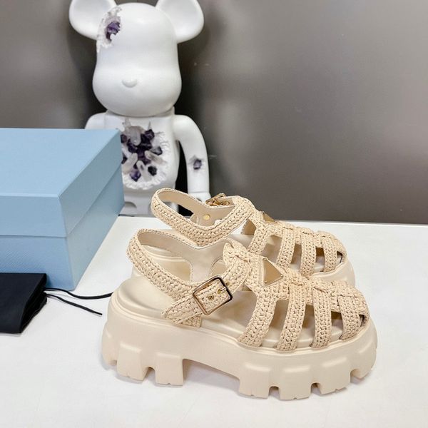 

new raffia straw foam rubber thick soled gear sandals triangle logo hollow ladies casual heightening buckle roman outdoor beach sandal with, Black