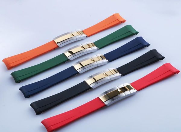 

20mm curved end strap and middle gold polished clasp silicone black navy green orange red rubber watchband for rol strap sub gmt d7498486, Black;brown