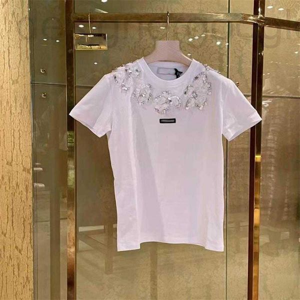 

women's t-shirt designer heavy industry water diamond sequin flower short sleeve t-shirt 2023 summer new versatile age reducing, White