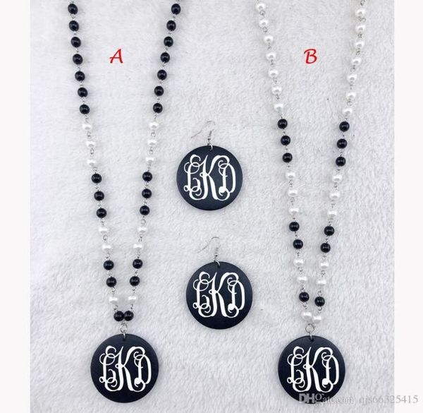

monogram acrylic round pendant black and white pearl necklacepersonalized monogram customized vinyl pearl linked black wooden disc4327889, Silver