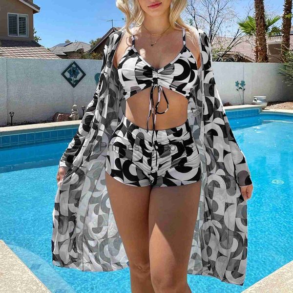 

women's plus size swimwear 3 piece bikini set cover up swimsuit women tummy control plus size long sleeve push up beach wear bathing su, Black
