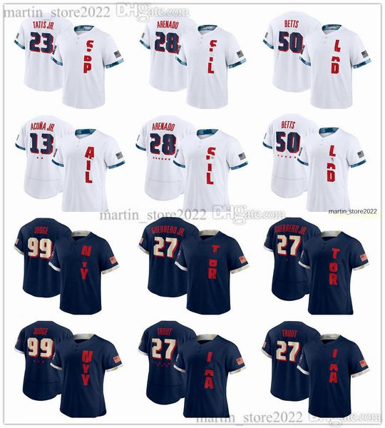 

2021 all-star baseball jerseys 27 vladimir guerrero jr. mike trout 99 aaron judge 28 matt olson 23 nelson cruz 11 jose ramirez bo bichette 1, Blue;black