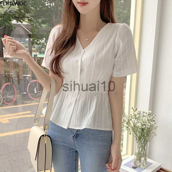 

women's blouses shirts short chic summer puff sleeve slim waist peplum lace-up bow tie ruffled shirt blouse women korean japan flhjlwo, White