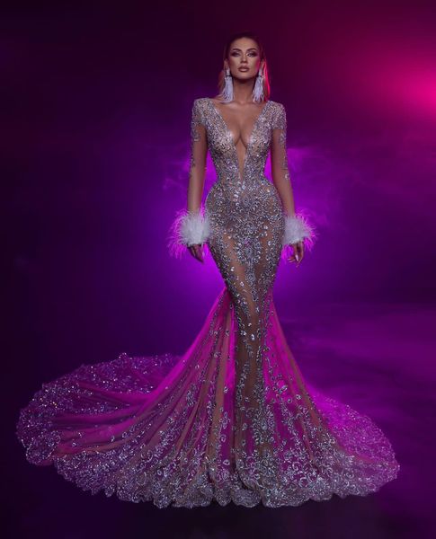 

mermaid prom dresses long sleeves v neck appliques beaded hollow floor length feather diamonds evening dress crystals bridal gowns plus size, Black