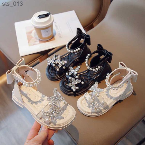 

summer childrens girls rome princess sandals rhinestone crystal bow soft shoes non-slip breathable fashion kids pearl sandals l230518, Black;red