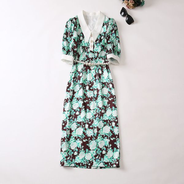 

european and american women's clothes 2023 summer new lapel five-quarter sleeve floral print fashion beaded chain belt dress xxl, Black;gray