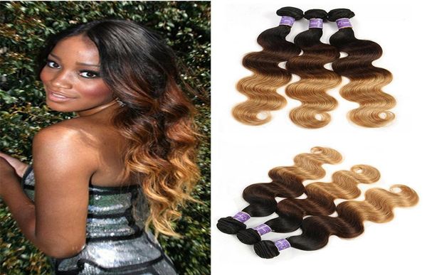 

ombre human hair weaves body wave 3 bundles colored three tone 1b 4 27 brazilian ombre remy human hair extensions thick bundles4609619, Black