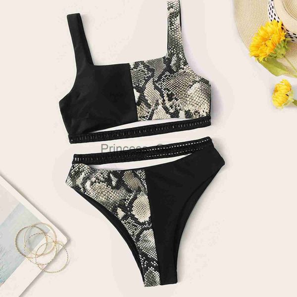 

women's plus size swimwear swimsuit for women plus size snake skin printed chest pad split two pieces swimsuit women's swimsuit 20, Black