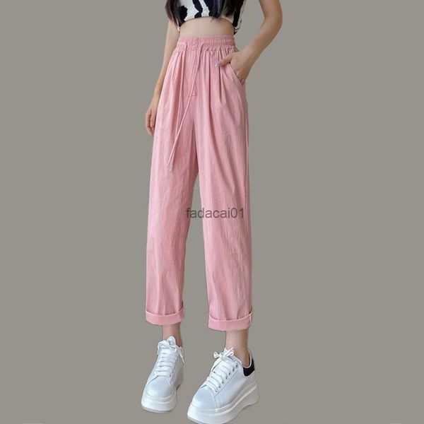 

women's summer cropped pants elastic waist drawstring straight pants female casual 2023 fashion clothing l230621, Black;white