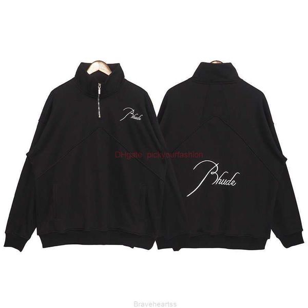

designer clothing mens sweatshirts hoodies trendy rhude half zip stitch embroidery solid stand neck mens womens loose sweater fashion street, Black