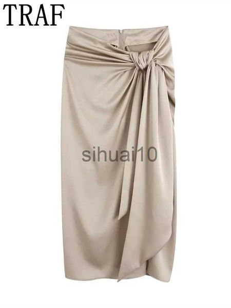 

skirts traf knotted long skirt women high waist skirt with slit ruched elegant skirts woman fashion 2022 vintage midi split skirt j230621, Black