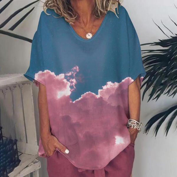 

women's t shirts summer 3d colorful sky print casual v-neck tshirt fashion women oversized pullover girls simple, White