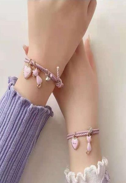 

link chain pink cartoon cat heart shape love 2pcsset paired bracelet for lovers distance magnet couple women braided stretch gif3173735, Black