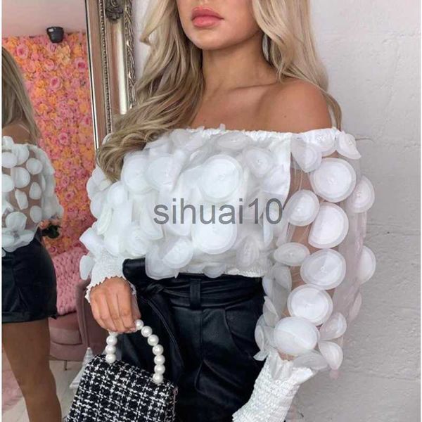 

women's blouses shirts off shoulder womens and blouses 2020 mesh sheer puff sleeve summer 3d flower vintage white women shirt blouse