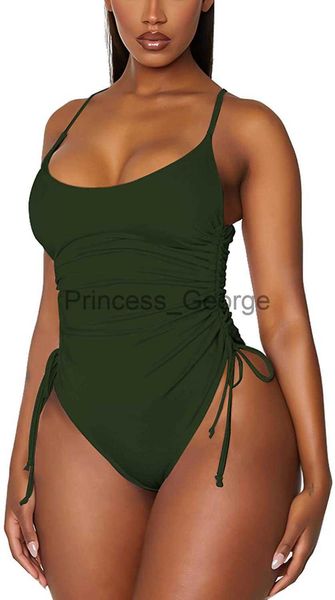 

women's plus size swimwear women casual swimsuit ushape collar sleeveless pleated backless sling drawstring solid color bikini suit for, Black