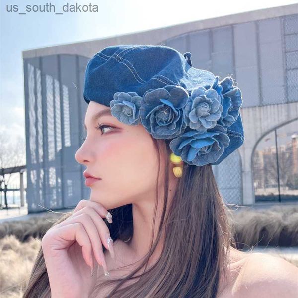 

contrasting color denim camellia designer beret spring and summer casual fashion fluffy painter cap travel berets for woman l230523, Blue;gray