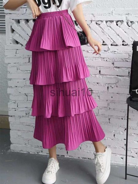 

skirts 2023 new spring summer women high waist slim long skirt korean sweet solid color multi-layer pleated hem cake skirt 7 colors j230621, Black